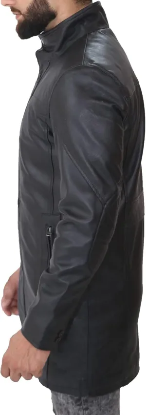 Havock Mens Leather 3/4 Coat – Genuine Leather Jacket Long Black/Brown - Real Vintage Car Coats Men - Winter Trench Coat