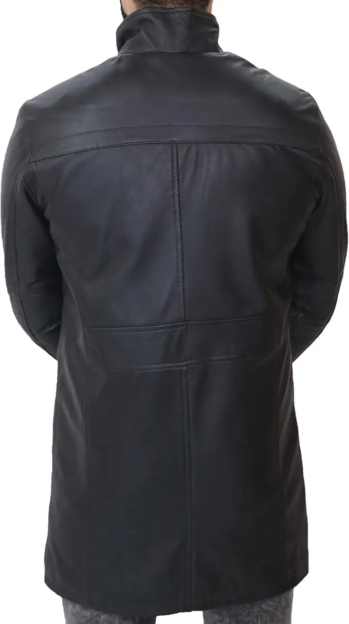 Havock Mens Leather 3/4 Coat – Genuine Leather Jacket Long Black/Brown - Real Vintage Car Coats Men - Winter Trench Coat