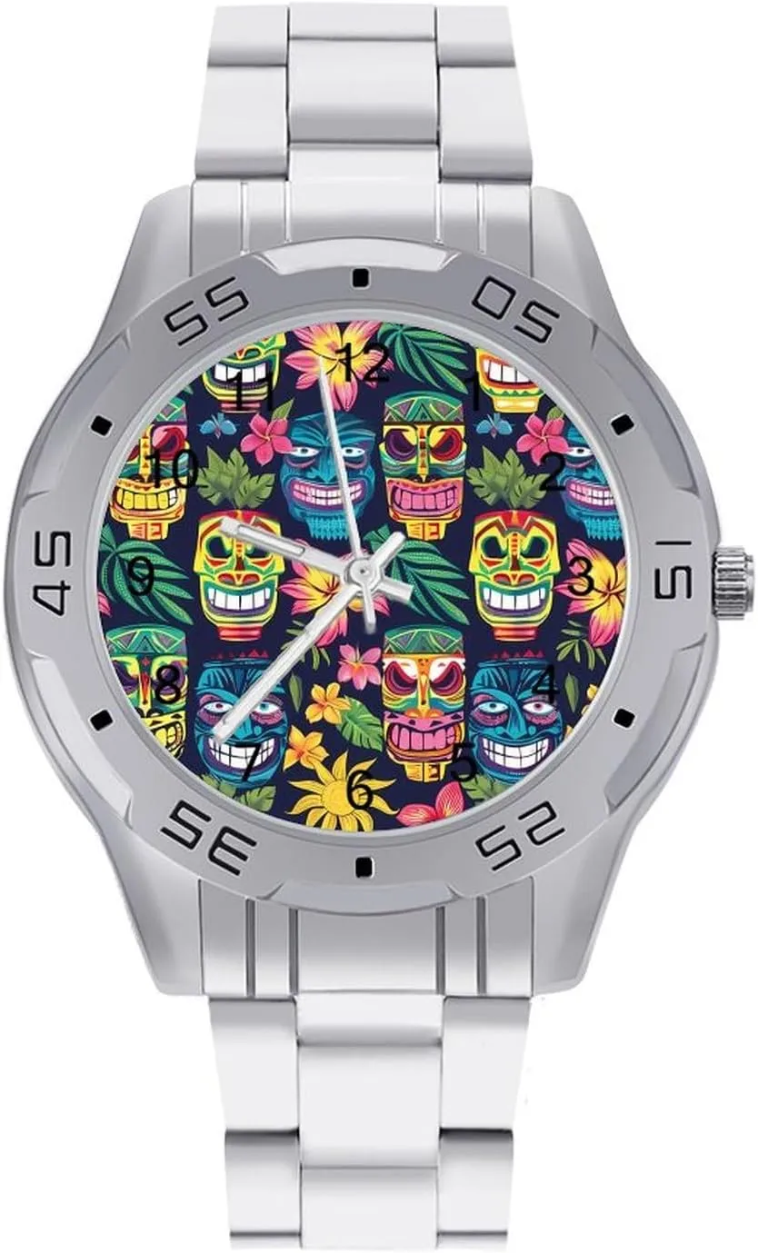 Hawaii Tiki Masks and Florals Simple Stainless Steel Band Business Watch Dress Wrist Unique Luxury Work Casual Waterproof Watches