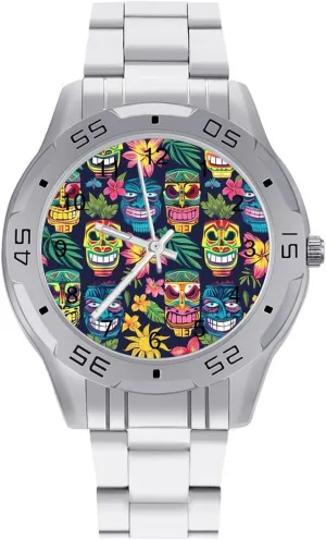 Hawaii Tiki Masks and Florals Simple Stainless Steel Band Business Watch Dress Wrist Unique Luxury Work Casual Waterproof Watches