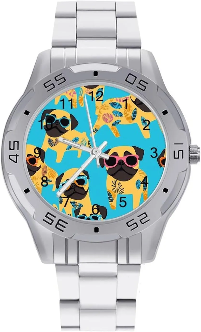Hawaiian Pug Dogs with Tattoo Simple Wrist Watches for Men Silver Casual Big Face Dress Watch Easy to Read