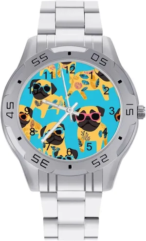 Hawaiian Pug Dogs with Tattoo Simple Wrist Watches for Men Silver Casual Big Face Dress Watch Easy to Read