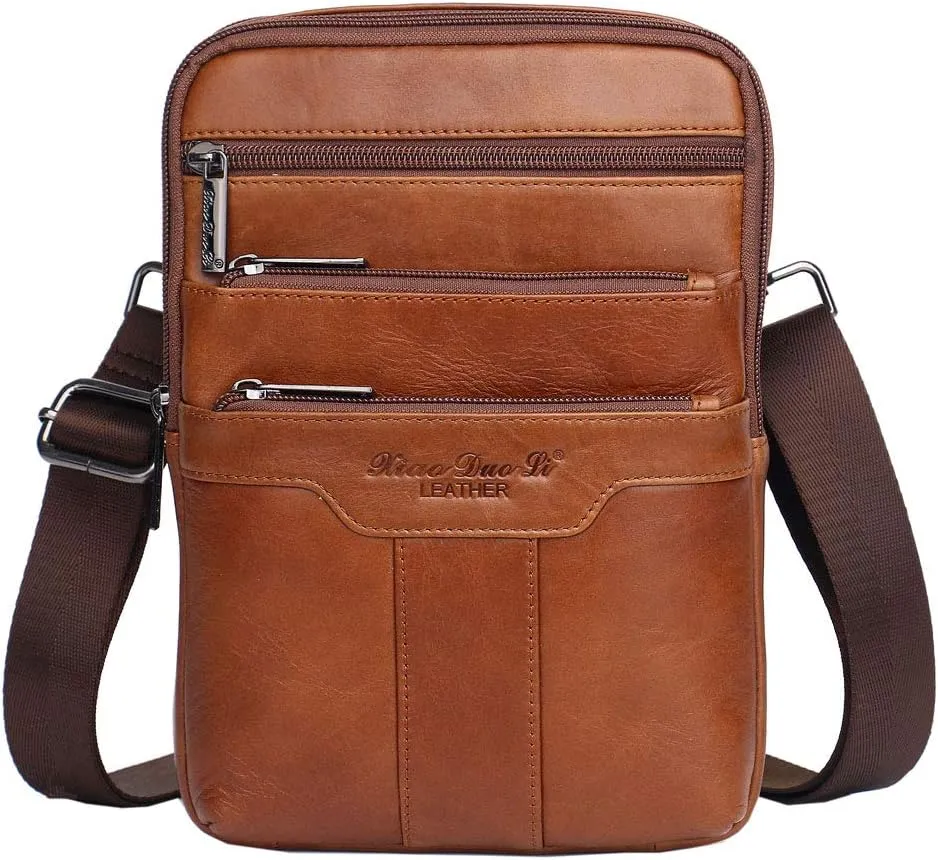 Hebetag Small Leather Sling Shoulder Bag Messenger Pack for Men Women Outdoor Travel Business