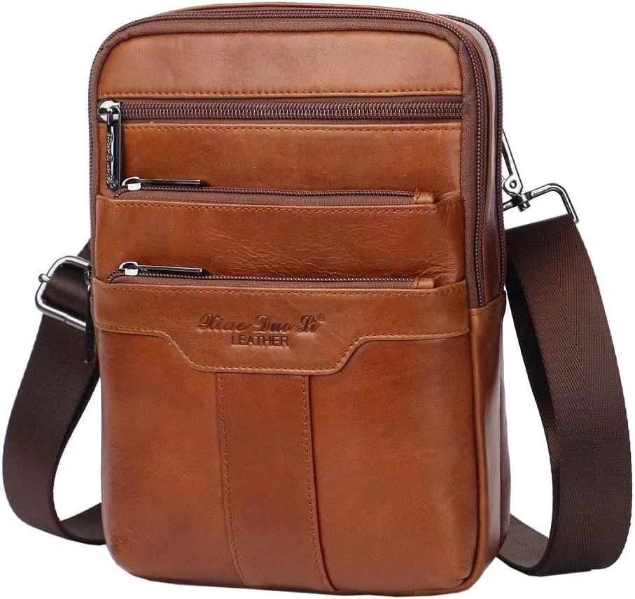 Hebetag Small Leather Sling Shoulder Bag Messenger Pack for Men Women Outdoor Travel Business