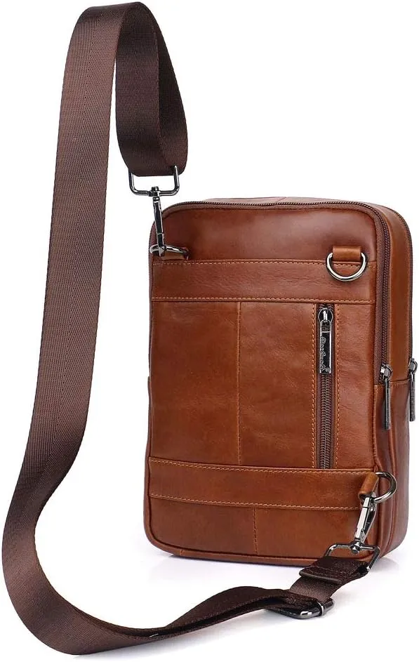 Hebetag Small Leather Sling Shoulder Bag Messenger Pack for Men Women Outdoor Travel Business