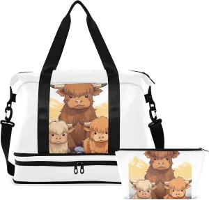 Highland Cow Highscottish Cattle Gym Bag for Women & Men,Duffel Bag with Shoe Pocket,Weekender Overnight Bag with Trolley Sleeve for Travel 21218014