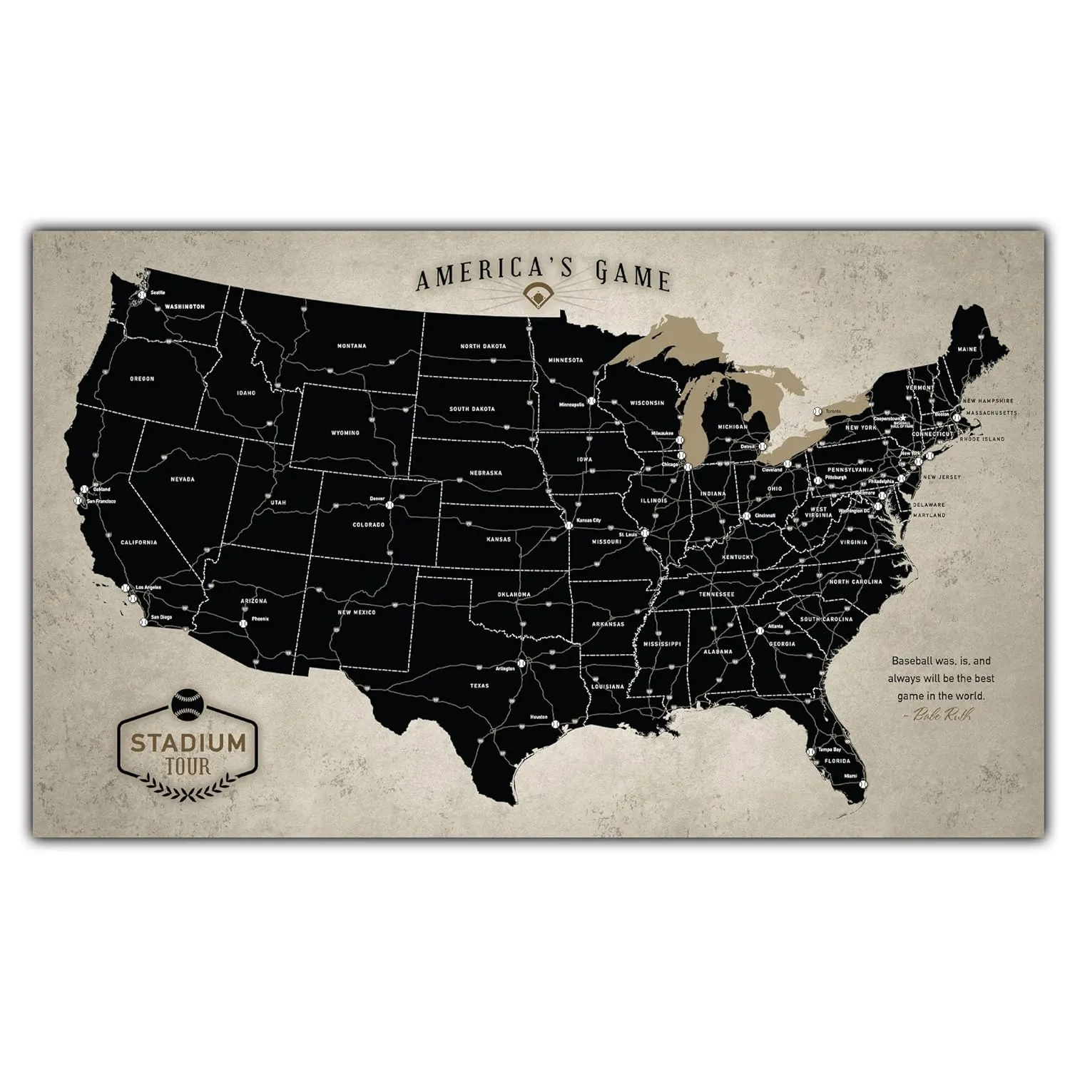 Holy Cow Canvas Personalized Canvas Baseball Stadium Map Tracker with Pins Includes Push Pins, Baseball Parks Bucket List, Customized Baseball Gift Baseball Map of Stadiums Push Pin USA Map (Tan)