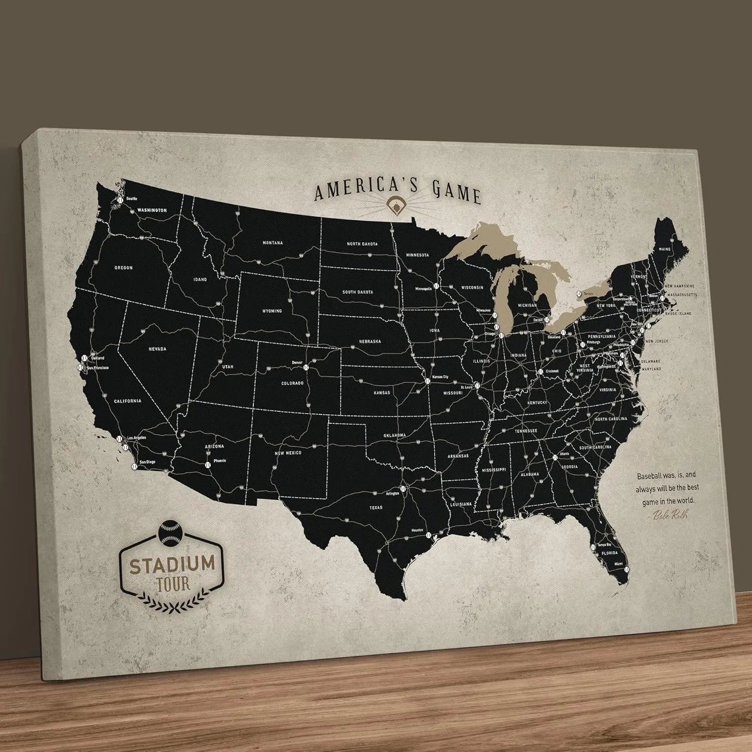 Holy Cow Canvas Personalized Canvas Baseball Stadium Map Tracker with Pins Includes Push Pins, Baseball Parks Bucket List, Customized Baseball Gift Baseball Map of Stadiums Push Pin USA Map (Tan)