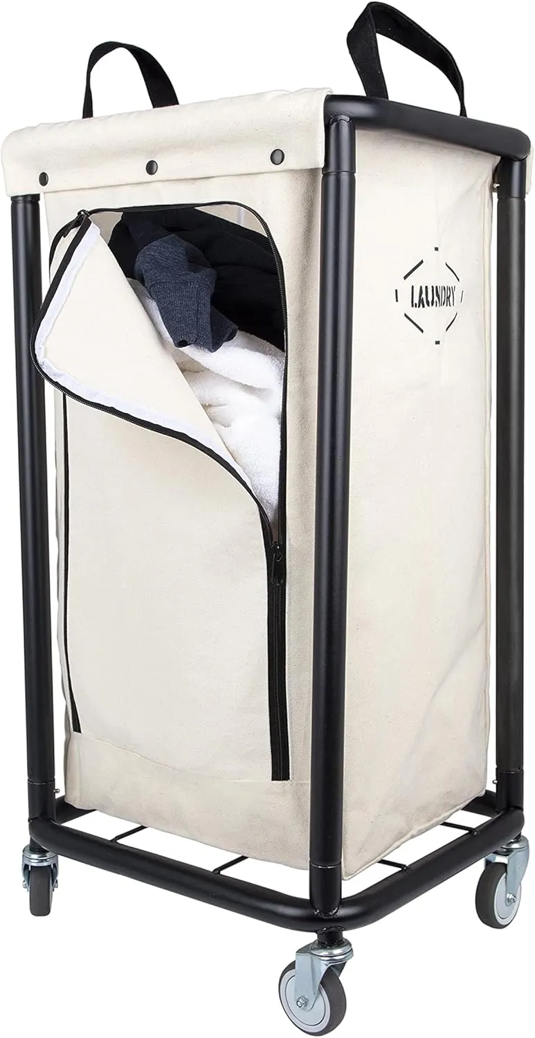 Home Metal Laundry Hamper with Wheels- Farmhouse Style Laundry Cart with Removeable Canvas Bag for Home- Black Metal