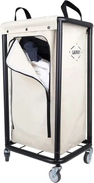 Home Metal Laundry Hamper with Wheels- Farmhouse Style Laundry Cart with Removeable Canvas Bag for Home- Black Metal