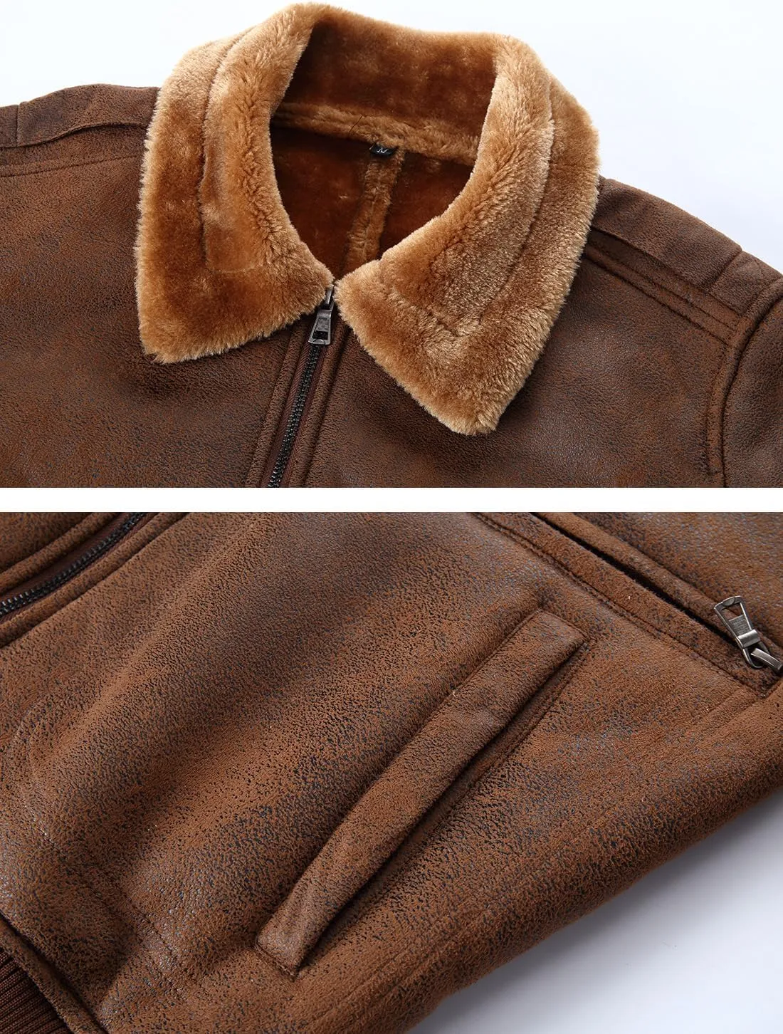 HOOD CREW Men’s Faux Fur Leather Jacket Autumn Winter Fleece Lined Coat Vintage Bomber Jacket