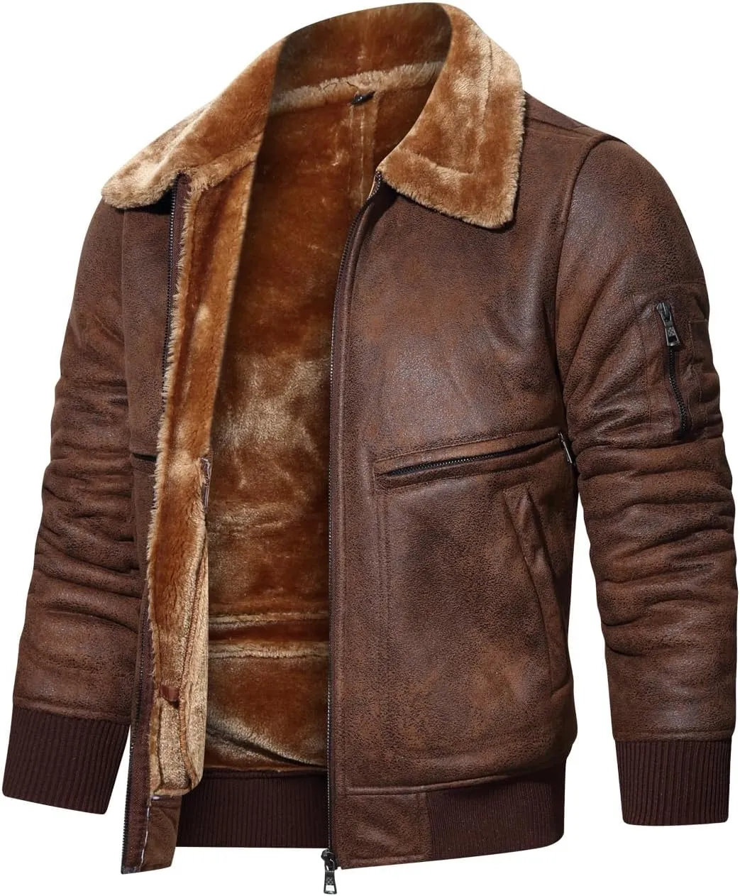 HOOD CREW Men’s Faux Fur Leather Jacket Autumn Winter Fleece Lined Coat Vintage Bomber Jacket