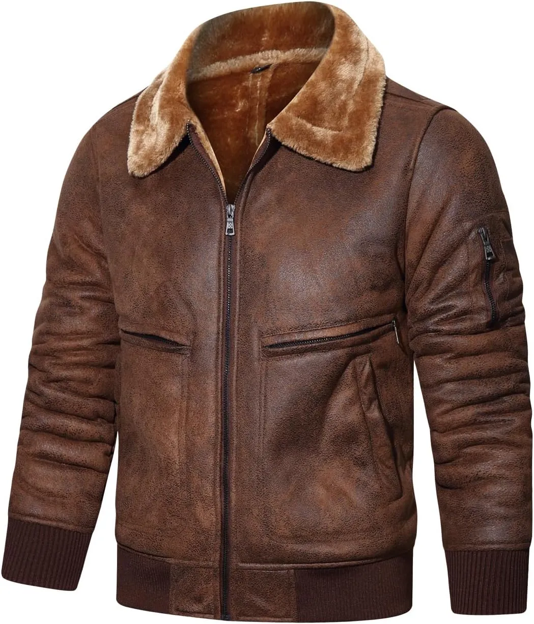 HOOD CREW Men’s Faux Fur Leather Jacket Autumn Winter Fleece Lined Coat Vintage Bomber Jacket