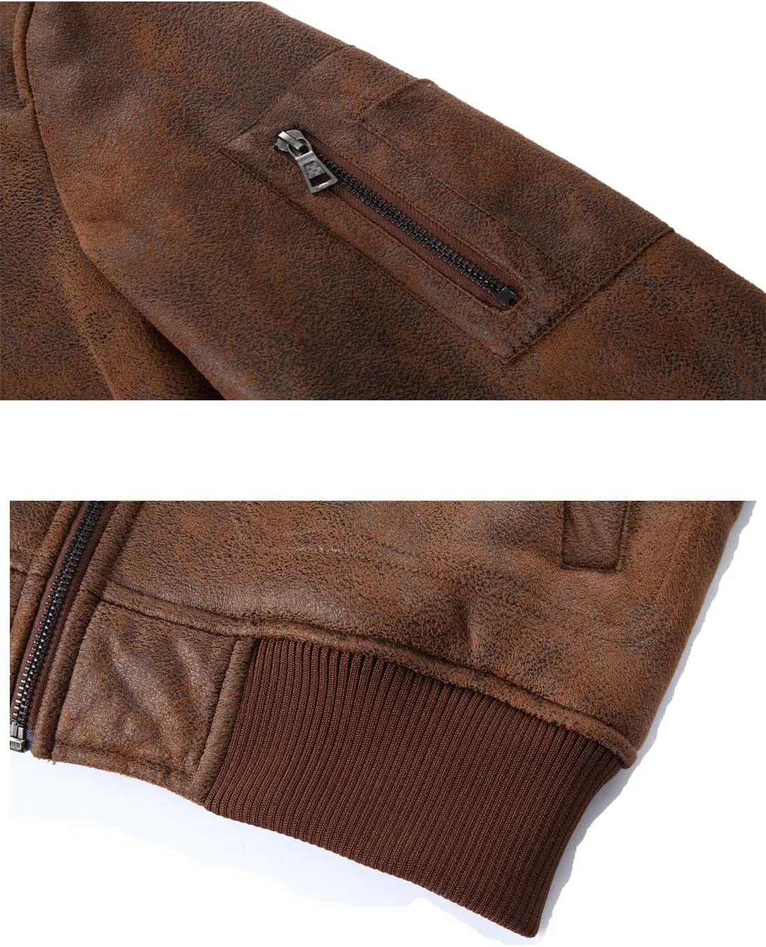 HOOD CREW Men’s Faux Fur Leather Jacket Autumn Winter Fleece Lined Coat Vintage Bomber Jacket