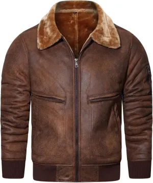 HOOD CREW Men’s Faux Fur Leather Jacket Autumn Winter Fleece Lined Coat Vintage Bomber Jacket