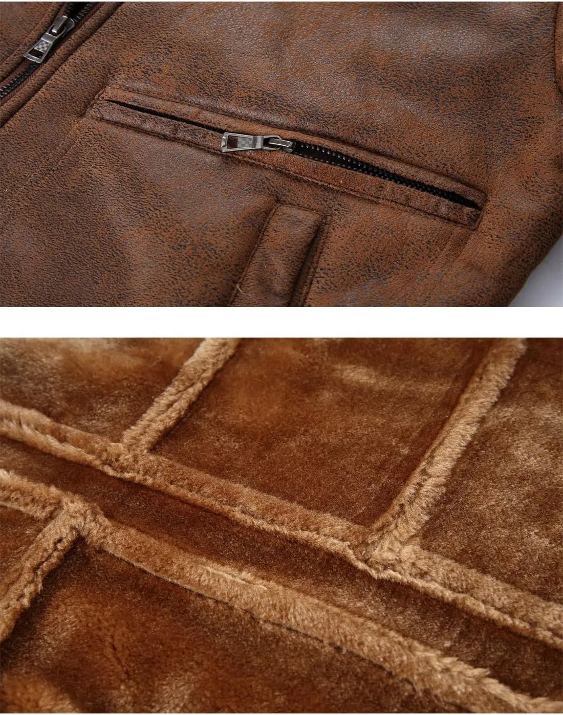 HOOD CREW Men’s Faux Fur Leather Jacket Autumn Winter Fleece Lined Coat Vintage Bomber Jacket