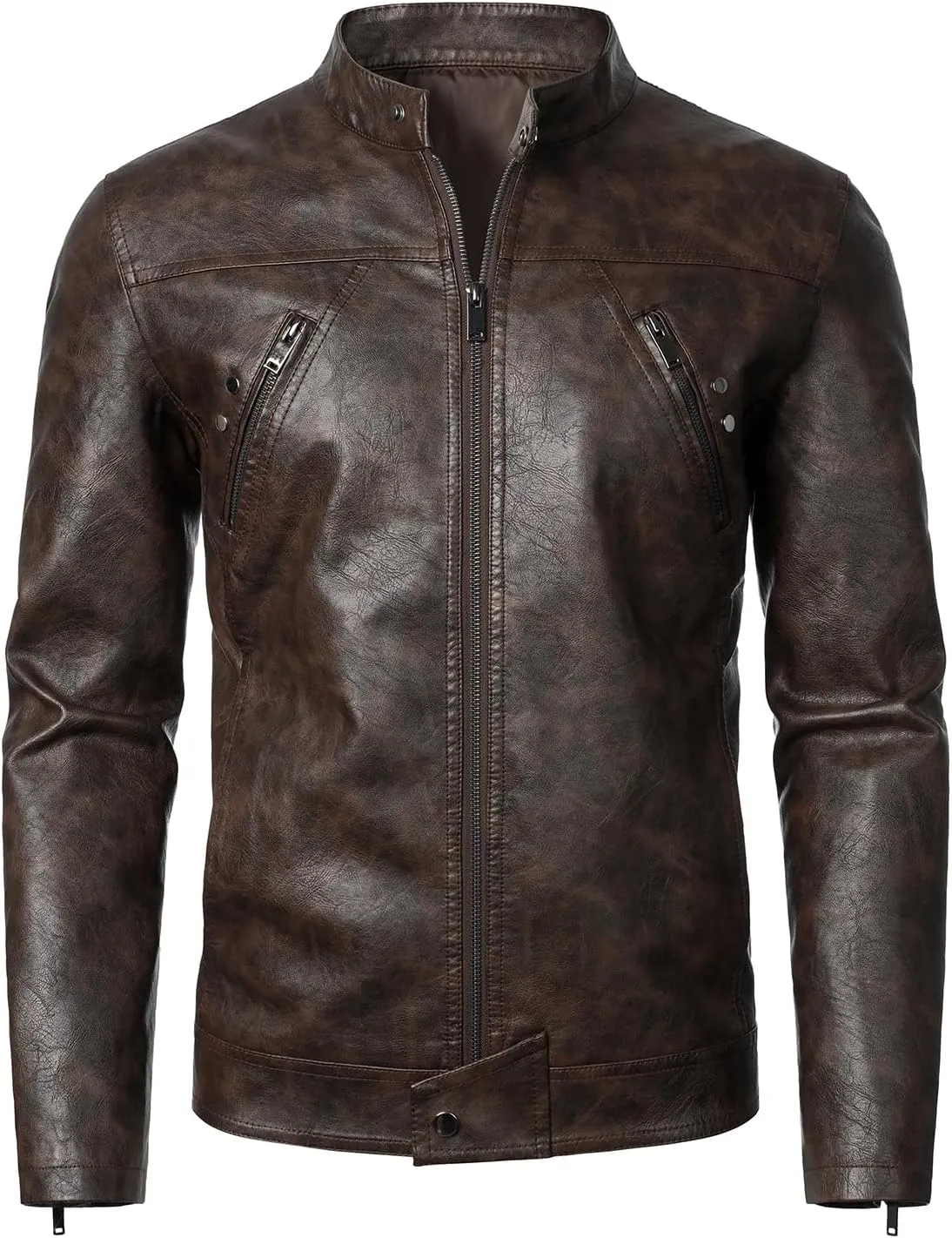 HOOD CREW Men’s Faux Leather Jacket Cool Biker Jackets Vintage Stand Collar Lightweight Leather Outwear Coat