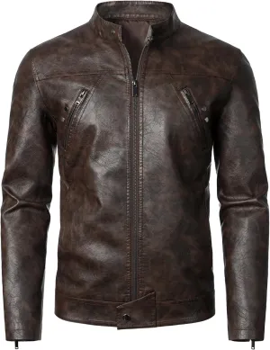 HOOD CREW Men’s Faux Leather Jacket Cool Biker Jackets Vintage Stand Collar Lightweight Leather Outwear Coat