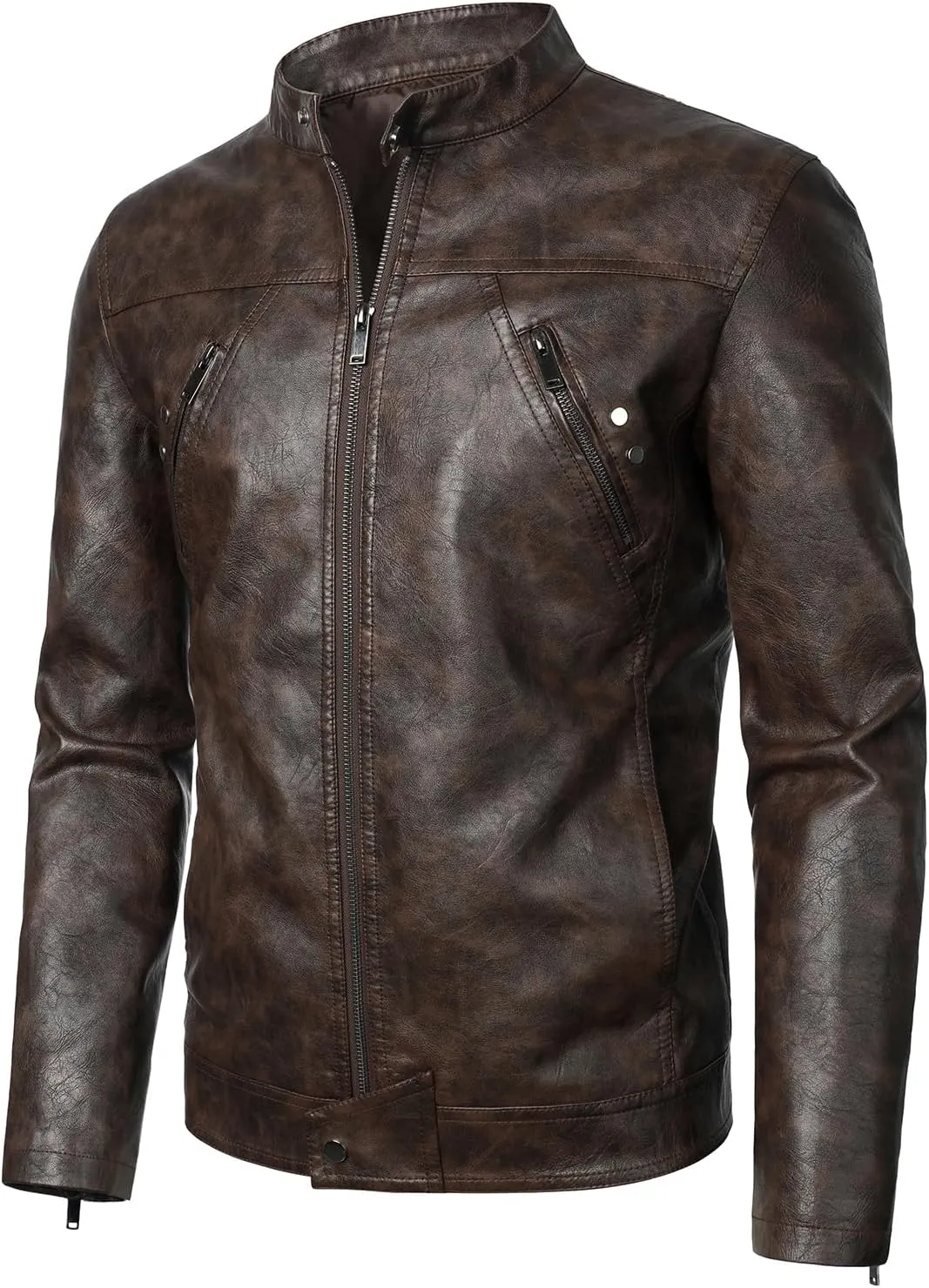 HOOD CREW Men’s Faux Leather Jacket Cool Biker Jackets Vintage Stand Collar Lightweight Leather Outwear Coat