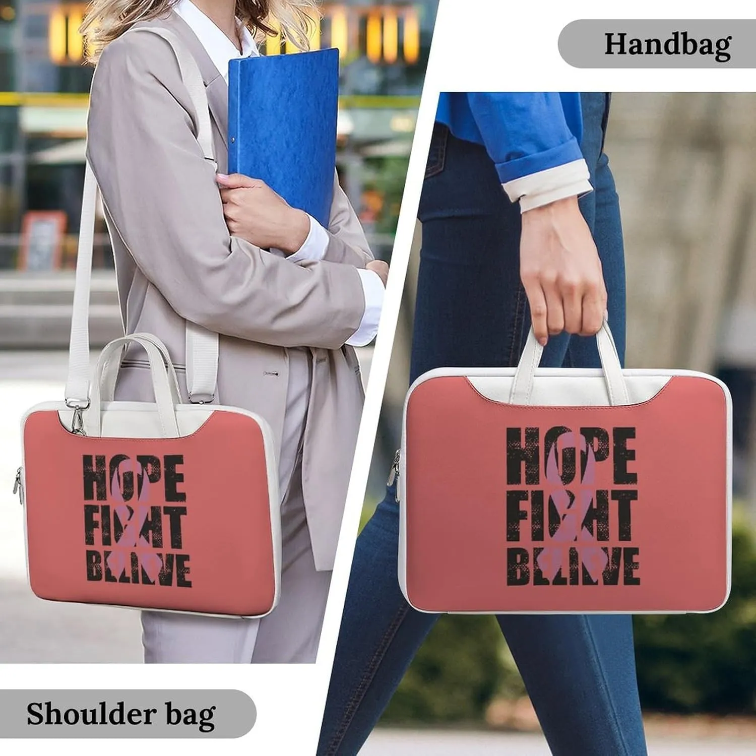 Hope Fight Believe - Breast Cancer Leather Bag Laptop Case Slim Water Resistant Computer Bags with Handle Briefcase for Work