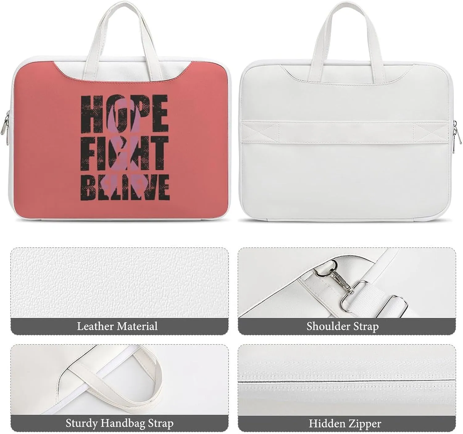 Hope Fight Believe - Breast Cancer Leather Bag Laptop Case Slim Water Resistant Computer Bags with Handle Briefcase for Work