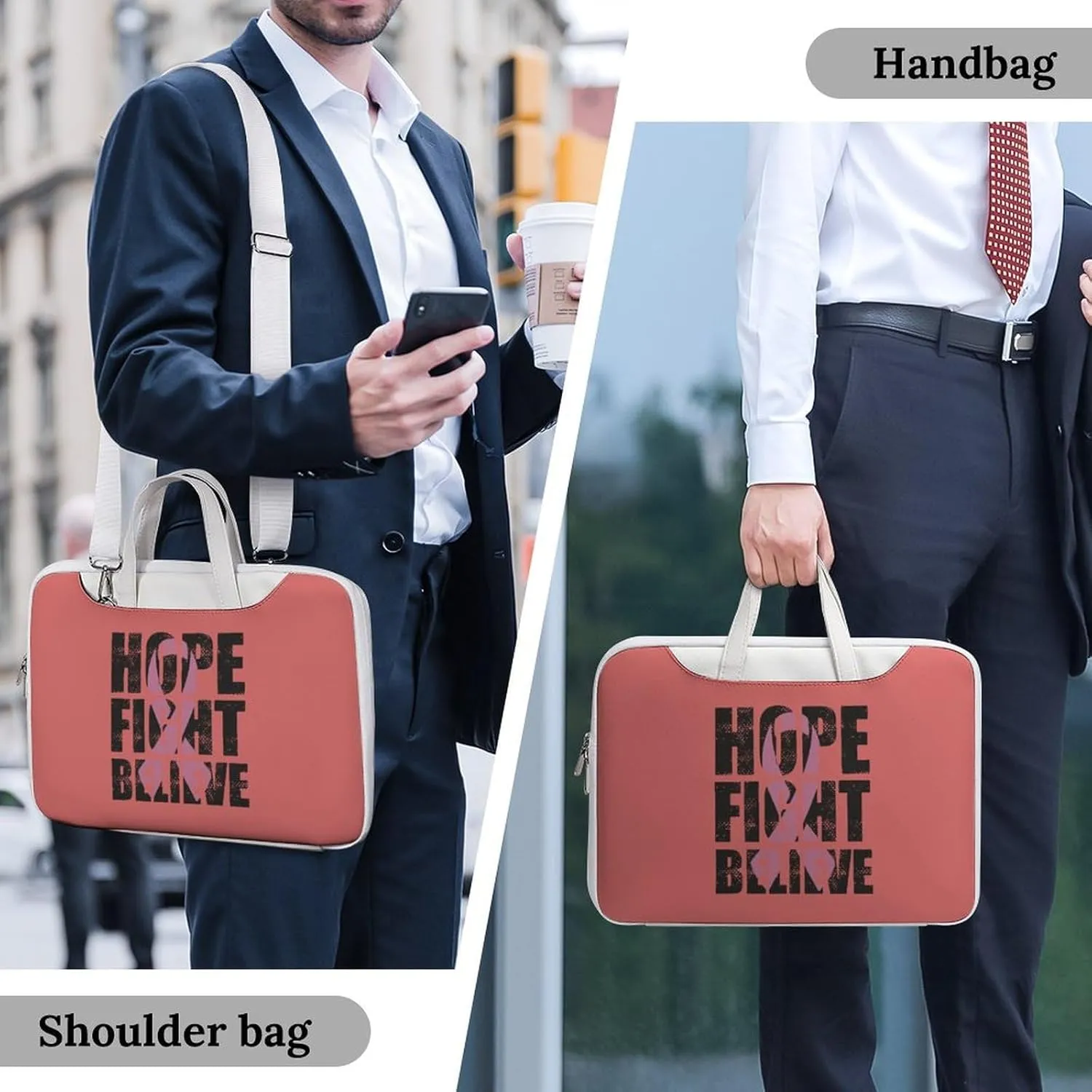 Hope Fight Believe - Breast Cancer Leather Bag Laptop Case Slim Water Resistant Computer Bags with Handle Briefcase for Work