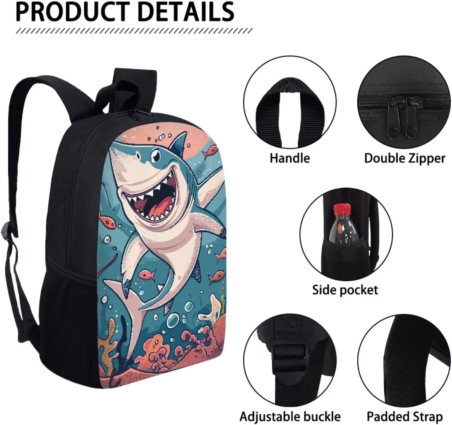 Howilath Cute Cartoon Shark Pattern 3 Pcs School Backpack Set for Teen Boys Girls 17 Inch Shoulder Bookbag Lunch Box with Pencil Case