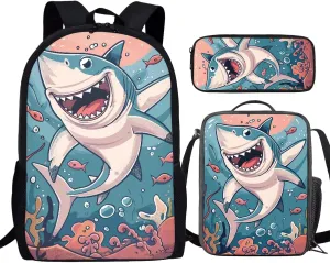 Howilath Cute Cartoon Shark Pattern 3 Pcs School Backpack Set for Teen Boys Girls 17 Inch Shoulder Bookbag Lunch Box with Pencil Case