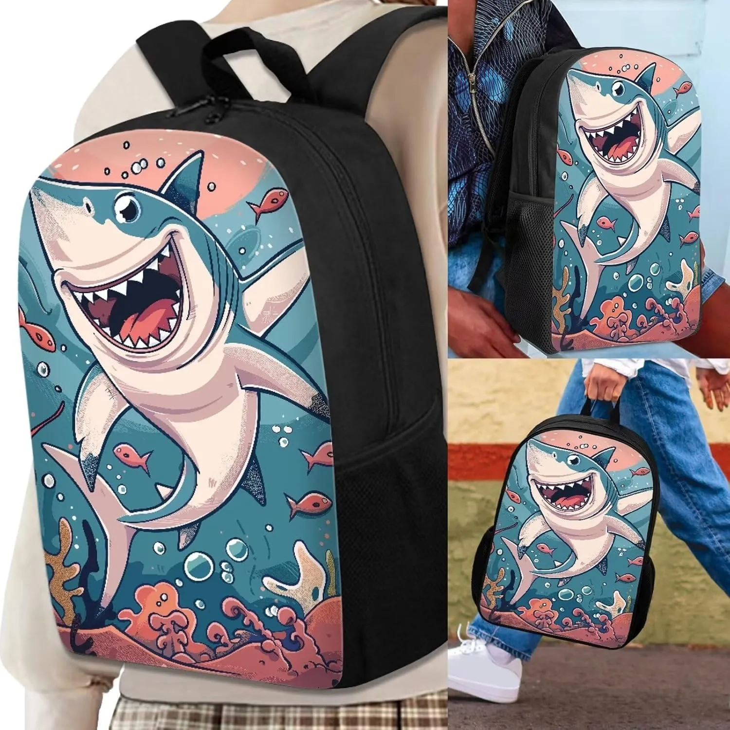 Howilath Cute Cartoon Shark Pattern 3 Pcs School Backpack Set for Teen Boys Girls 17 Inch Shoulder Bookbag Lunch Box with Pencil Case