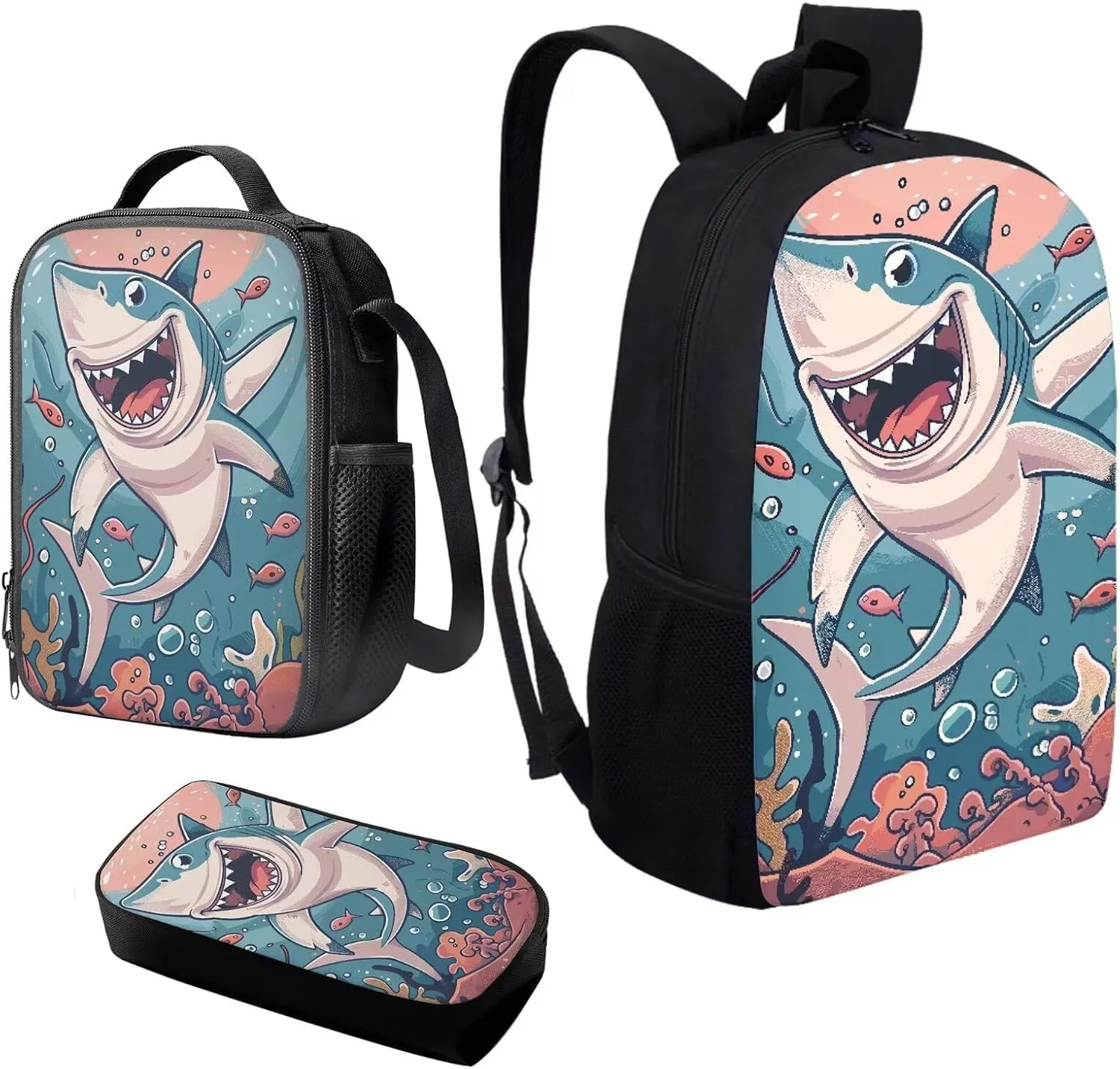 Howilath Cute Cartoon Shark Pattern 3 Pcs School Backpack Set for Teen Boys Girls 17 Inch Shoulder Bookbag Lunch Box with Pencil Case