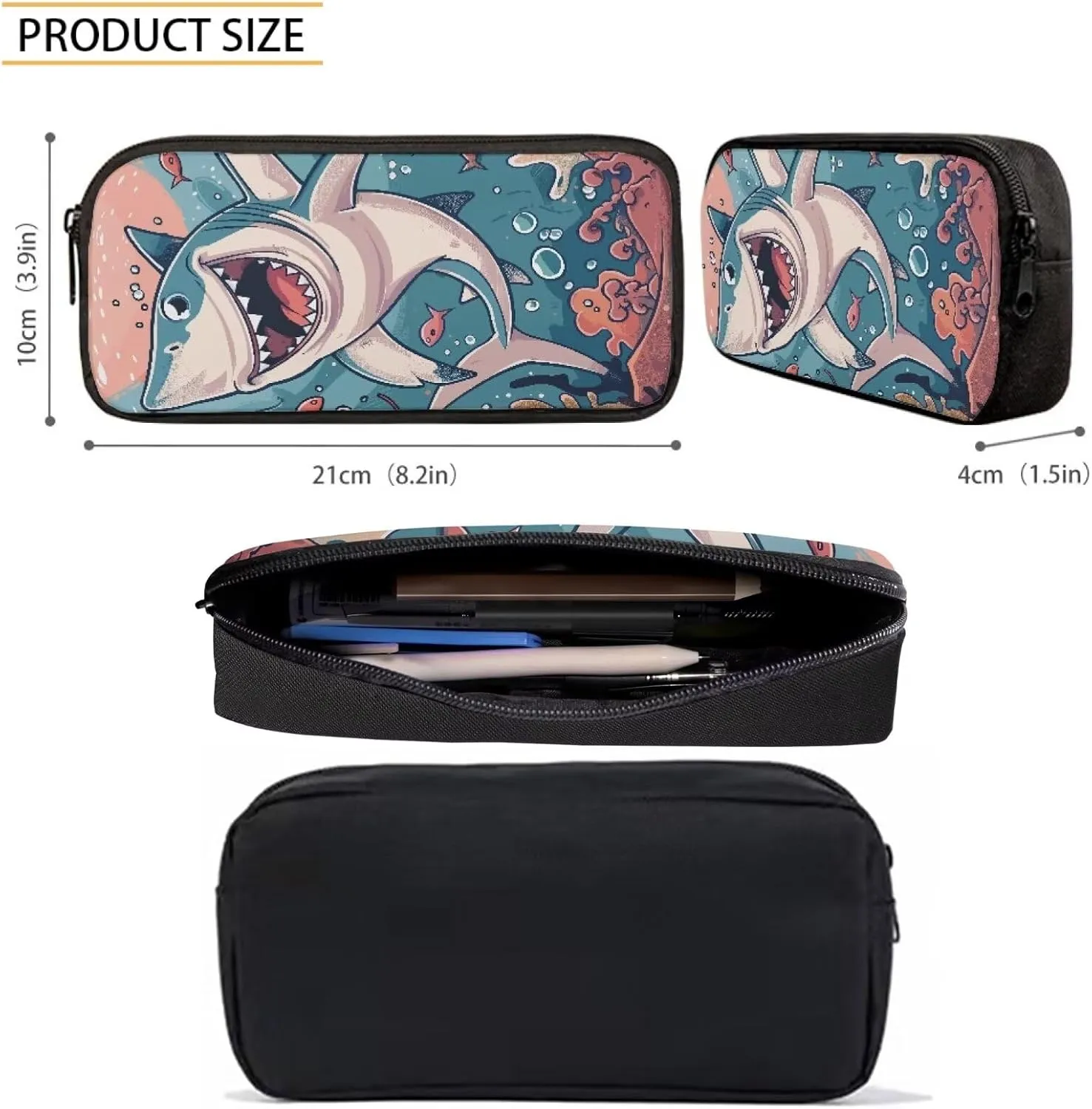 Howilath Cute Cartoon Shark Pattern 3 Pcs School Backpack Set for Teen Boys Girls 17 Inch Shoulder Bookbag Lunch Box with Pencil Case