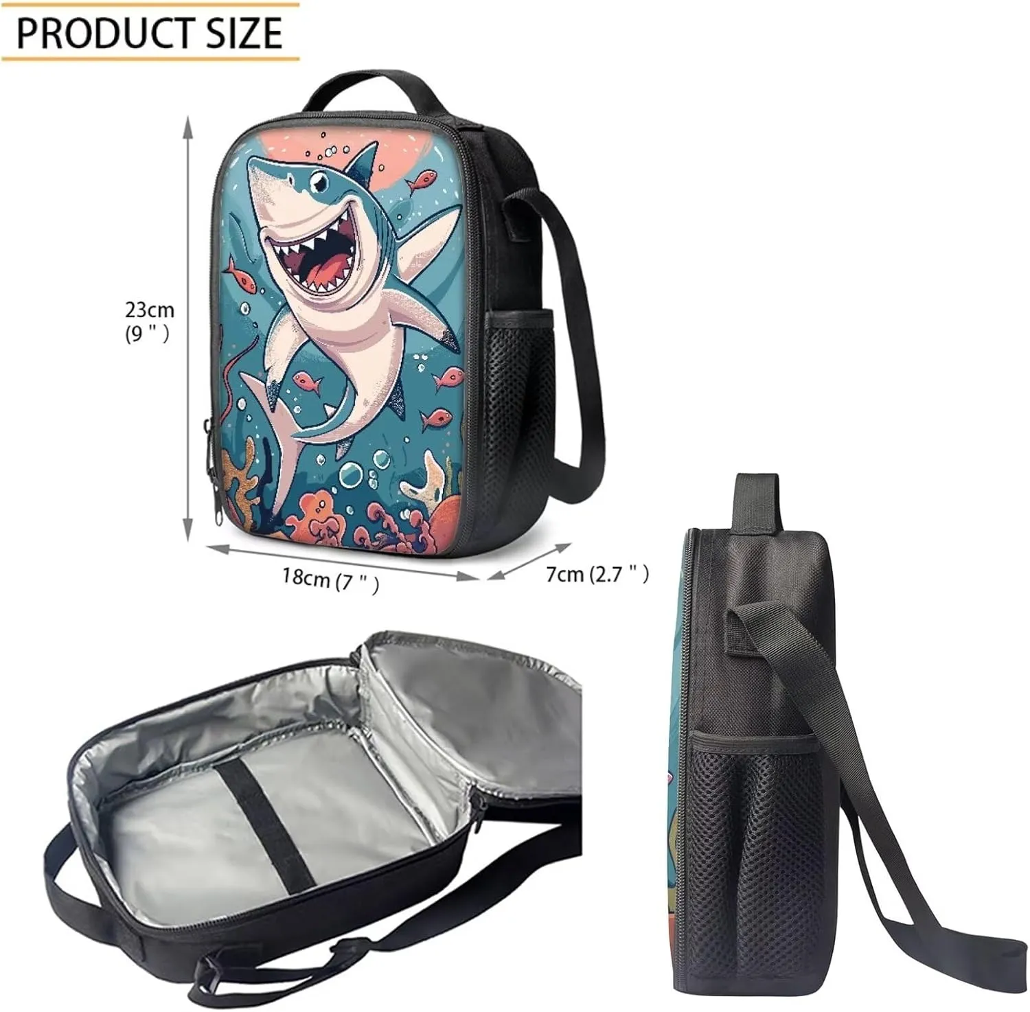 Howilath Cute Cartoon Shark Pattern 3 Pcs School Backpack Set for Teen Boys Girls 17 Inch Shoulder Bookbag Lunch Box with Pencil Case