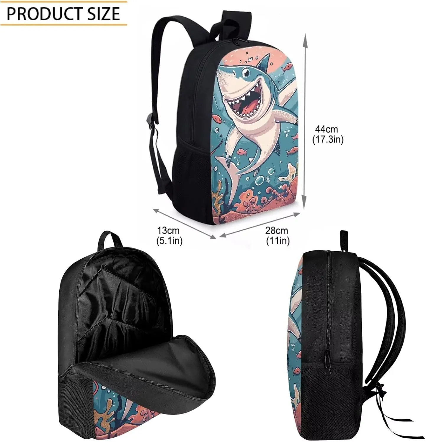 Howilath Cute Cartoon Shark Pattern 3 Pcs School Backpack Set for Teen Boys Girls 17 Inch Shoulder Bookbag Lunch Box with Pencil Case