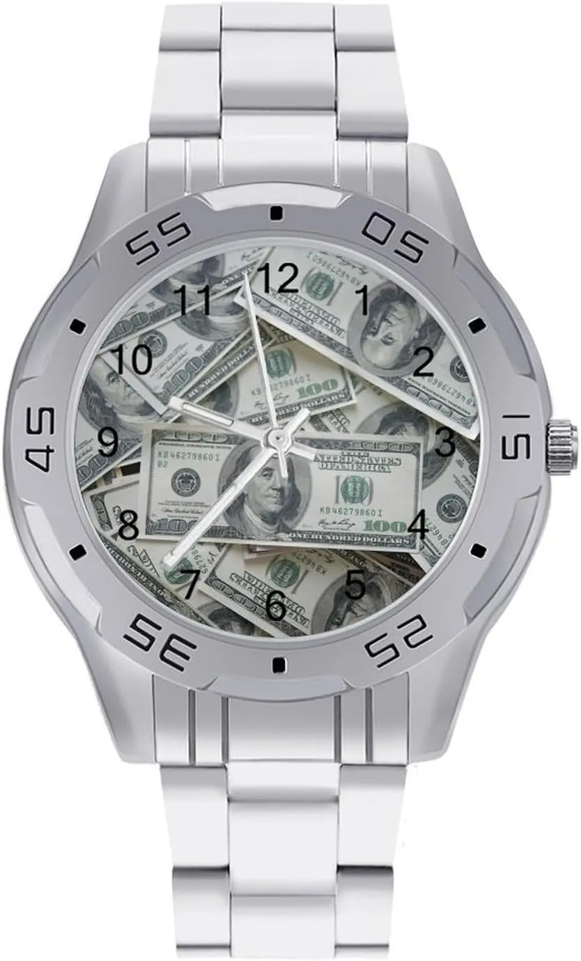 Hundred Dollar Bills Money Pattern Stainless Steel Metal Strap Simple Business Watches for Men Easy Reader Work Casual Watch