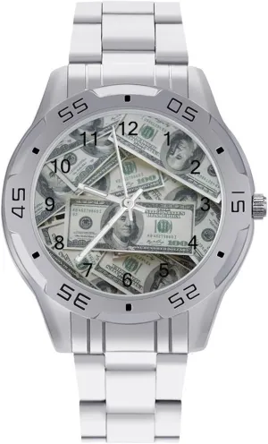 Hundred Dollar Bills Money Pattern Stainless Steel Metal Strap Simple Business Watches for Men Easy Reader Work Casual Watch
