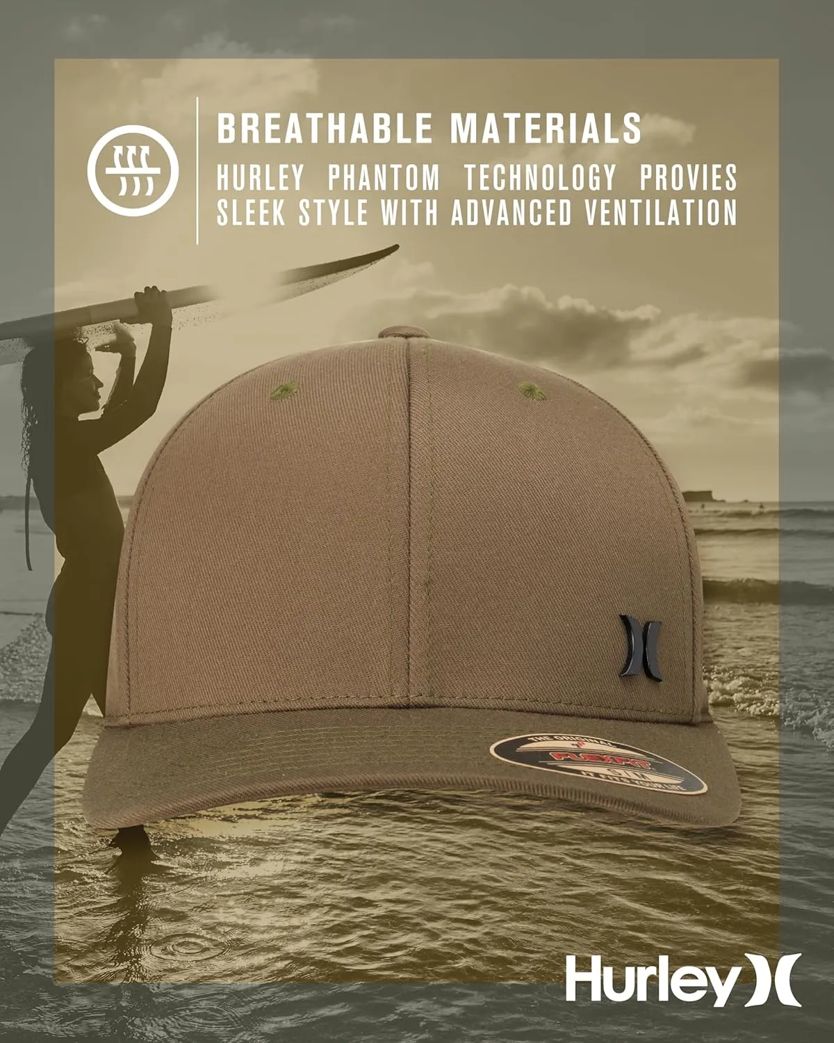 Hurley Men's Baseball Cap - Breathable 6 Panel Stretch Curved Bill Fitted Hat