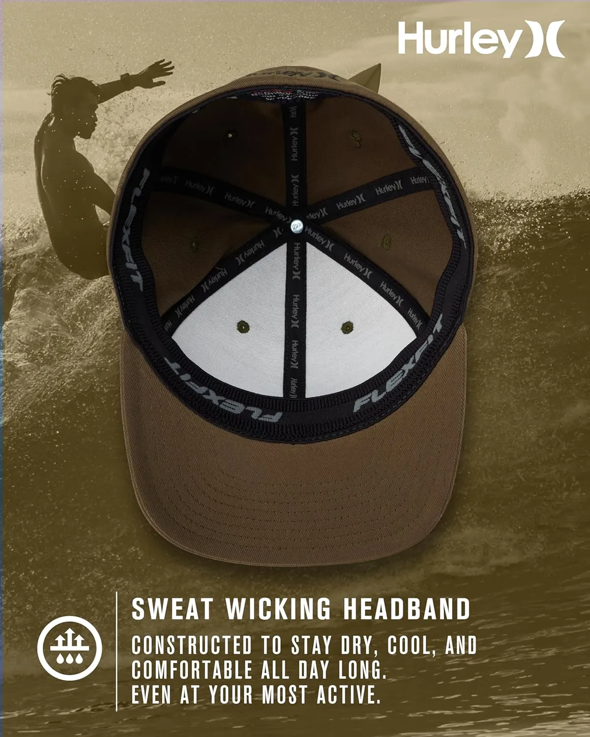 Hurley Men's Baseball Cap - Breathable 6 Panel Stretch Curved Bill Fitted Hat