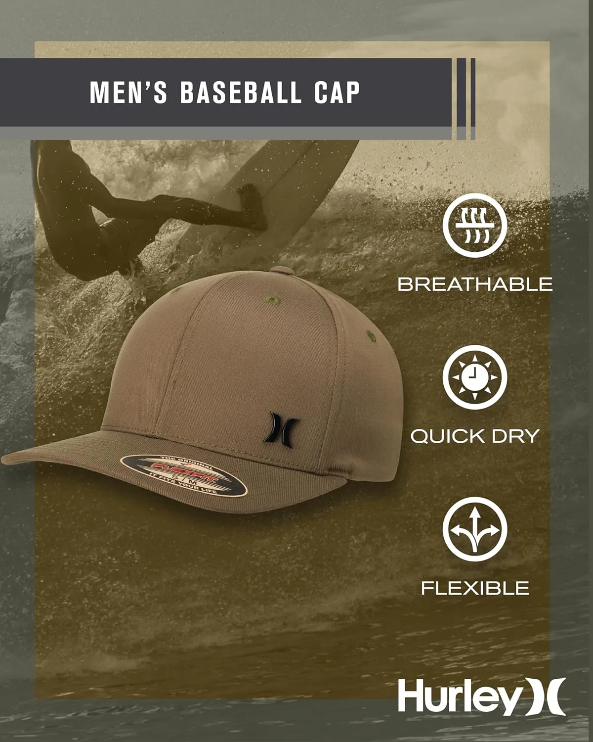 Hurley Men's Baseball Cap - Breathable 6 Panel Stretch Curved Bill Fitted Hat
