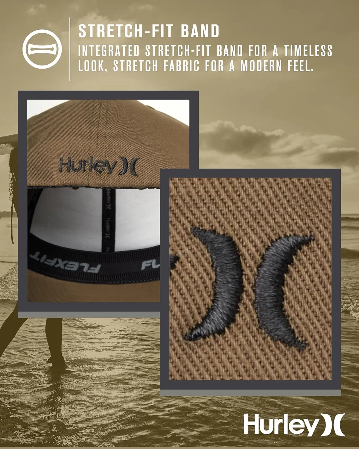 Hurley Men's Baseball Cap - Breathable 6 Panel Stretch Curved Bill Fitted Hat