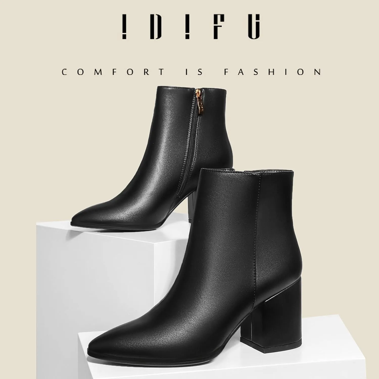 IDIFU Women Dress Ankle Boot with Low Chunky Heel Pointed Toe Side Zipper Bootie Shoe for Women Office Business Date Wedding