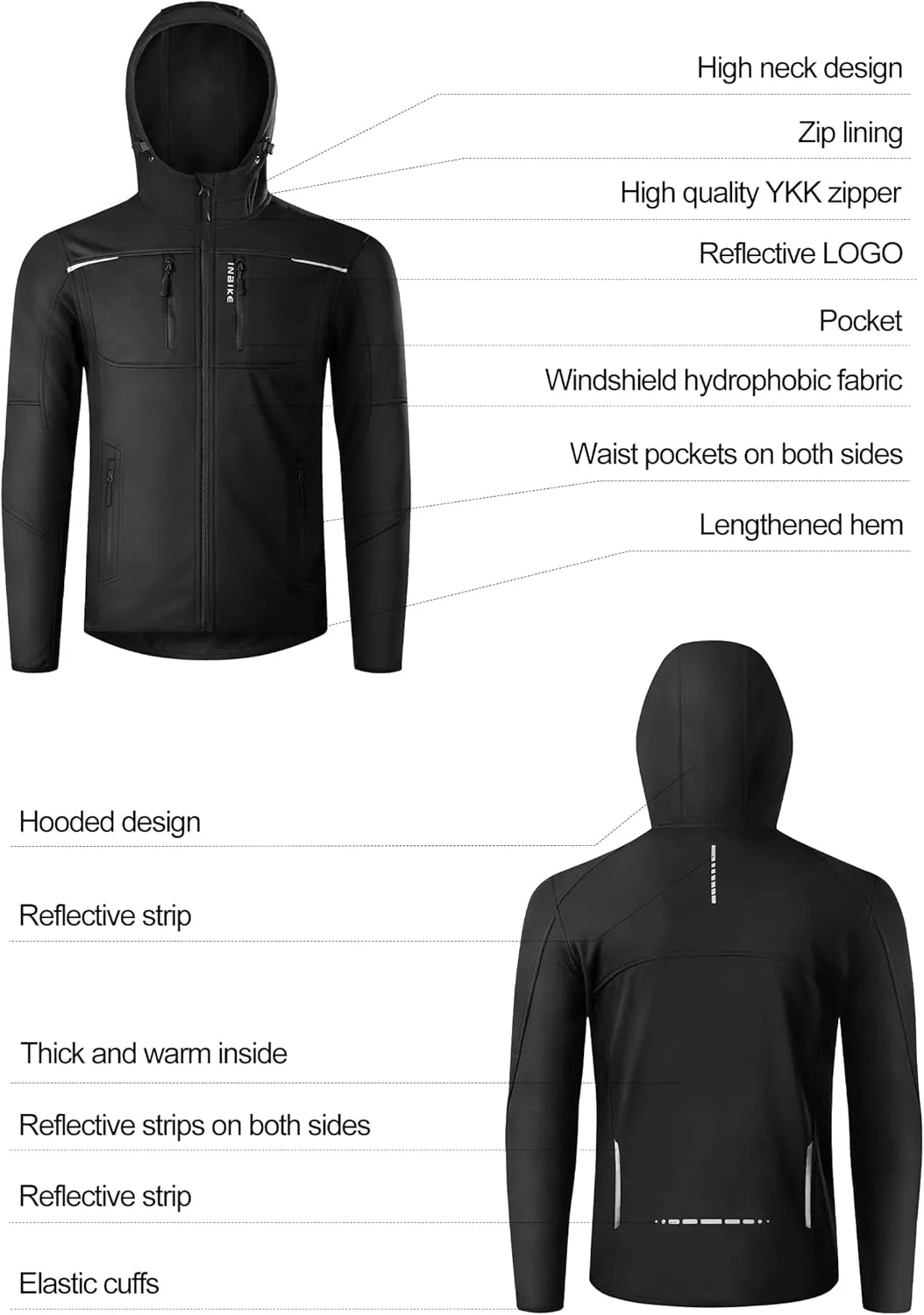 INBIKE Cycling Jackets for Men Women, Thermal Bike Jacket Windproof Breathable Reflective Softshell Windbreaker with Pockets