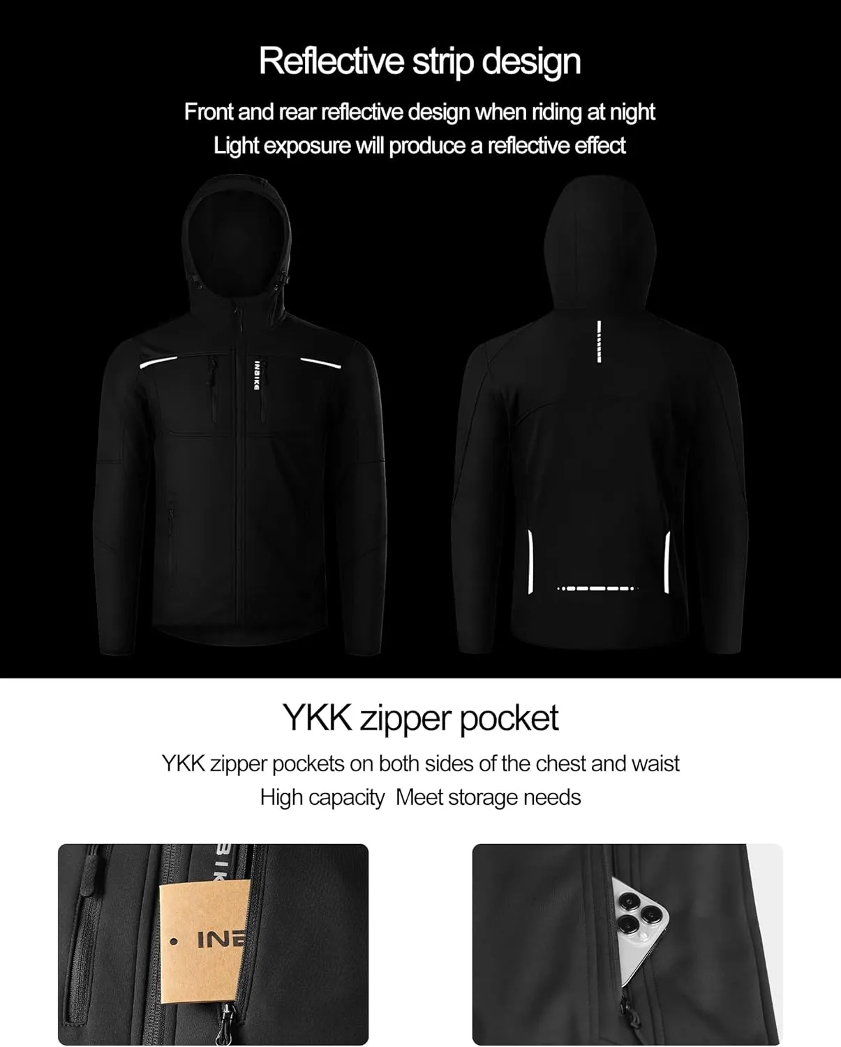 INBIKE Cycling Jackets for Men Women, Thermal Bike Jacket Windproof Breathable Reflective Softshell Windbreaker with Pockets