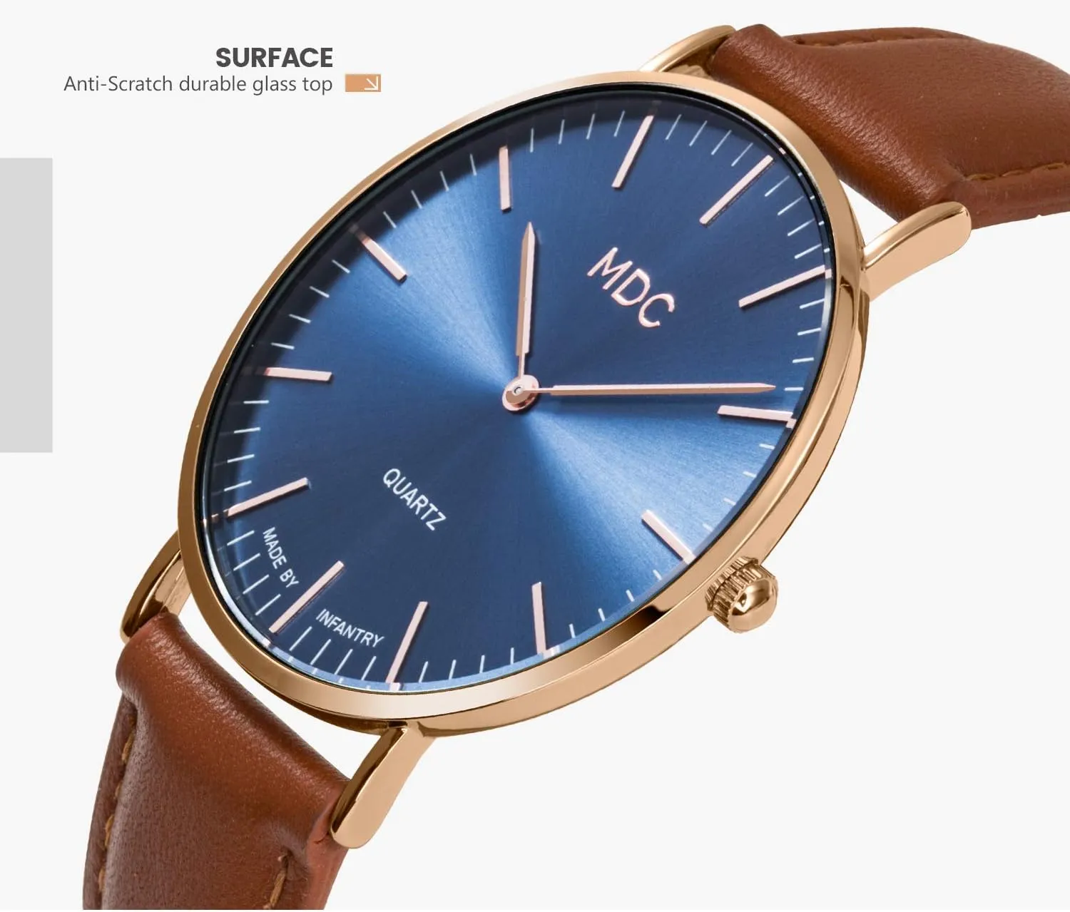 Infantry MDC Mens Minimalist Wrist Watch, Genuine Leather Watches for Men, Ultra Thin Quartz Analog Wristwatch, Dress Casual Business Style
