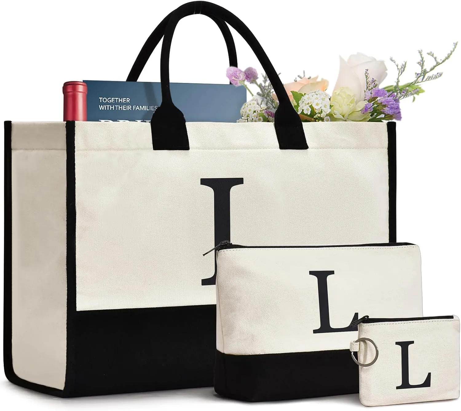 Initial Canvas Tote Bag Birthdays Gift for Women Mom Teacher Friend Bridesmaid,Custom for Wedding Beach Holidays