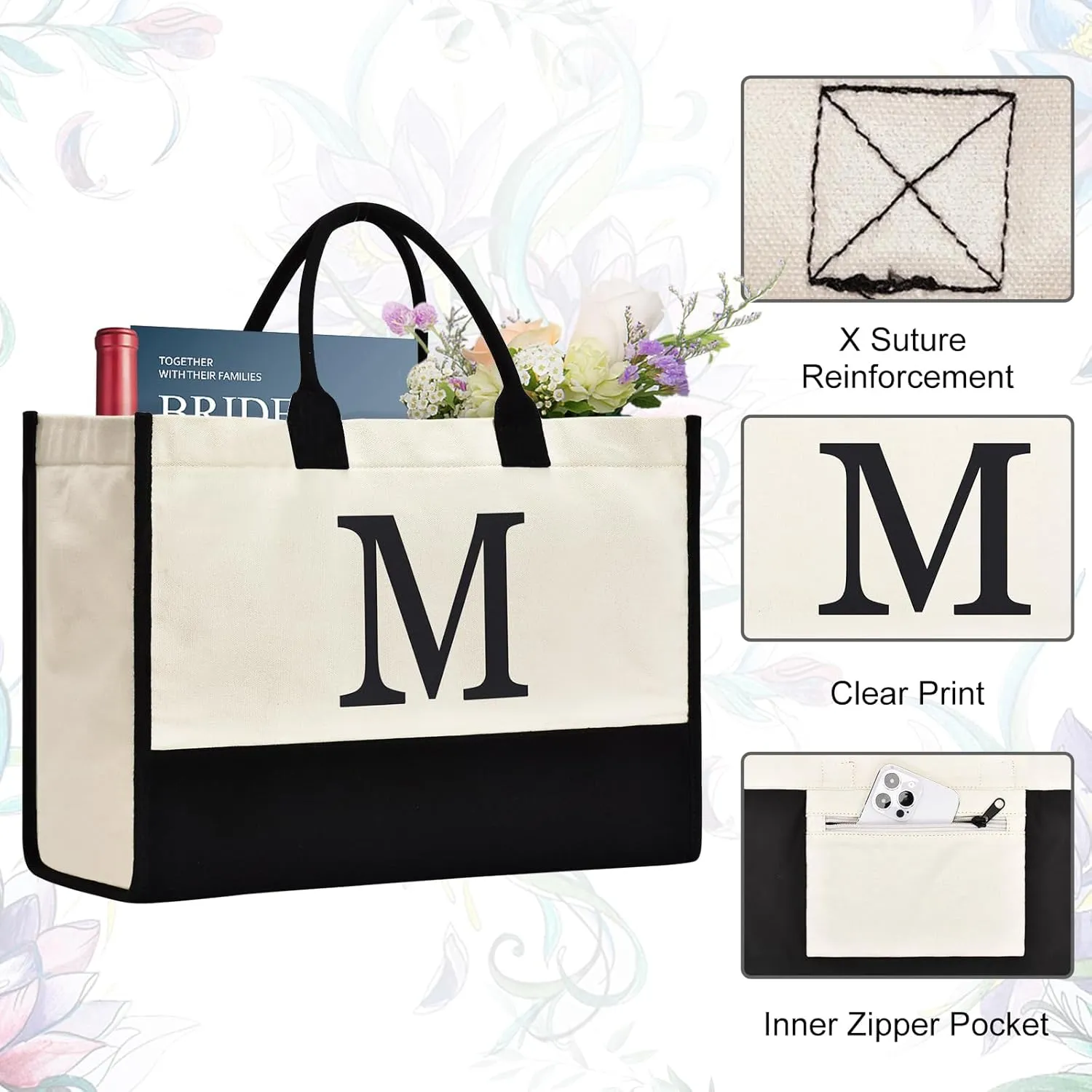 Initial Canvas Tote Bag Birthdays Gift for Women Mom Teacher Friend Bridesmaid,Custom for Wedding Beach Holidays