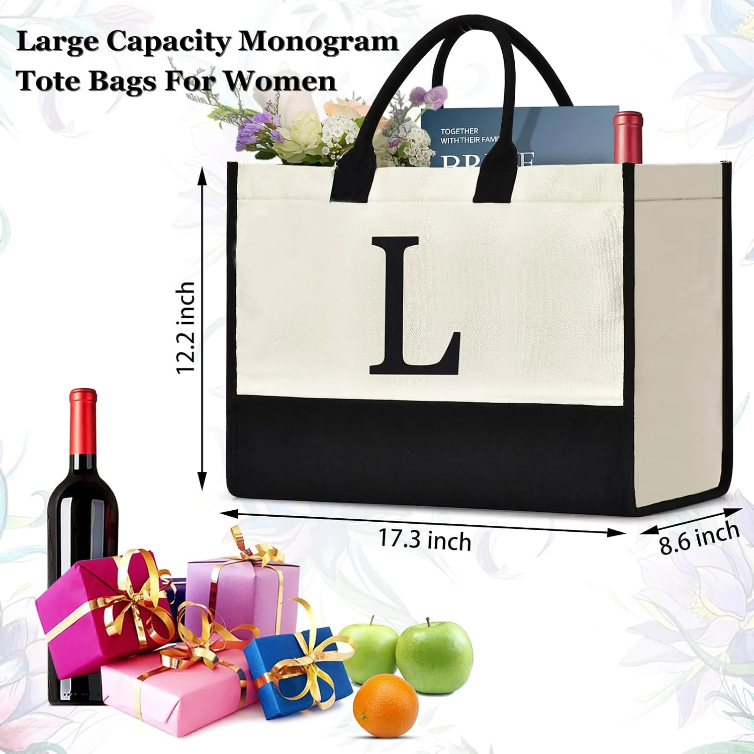 Initial Canvas Tote Bag Birthdays Gift for Women Mom Teacher Friend Bridesmaid,Custom for Wedding Beach Holidays