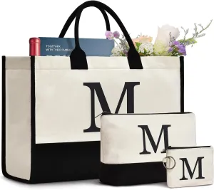 Initial Canvas Tote Bag Birthdays Gift for Women Mom Teacher Friend Bridesmaid,Custom for Wedding Beach Holidays