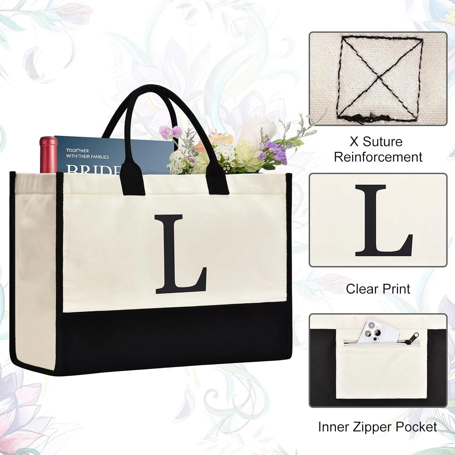 Initial Canvas Tote Bag Birthdays Gift for Women Mom Teacher Friend Bridesmaid,Custom for Wedding Beach Holidays
