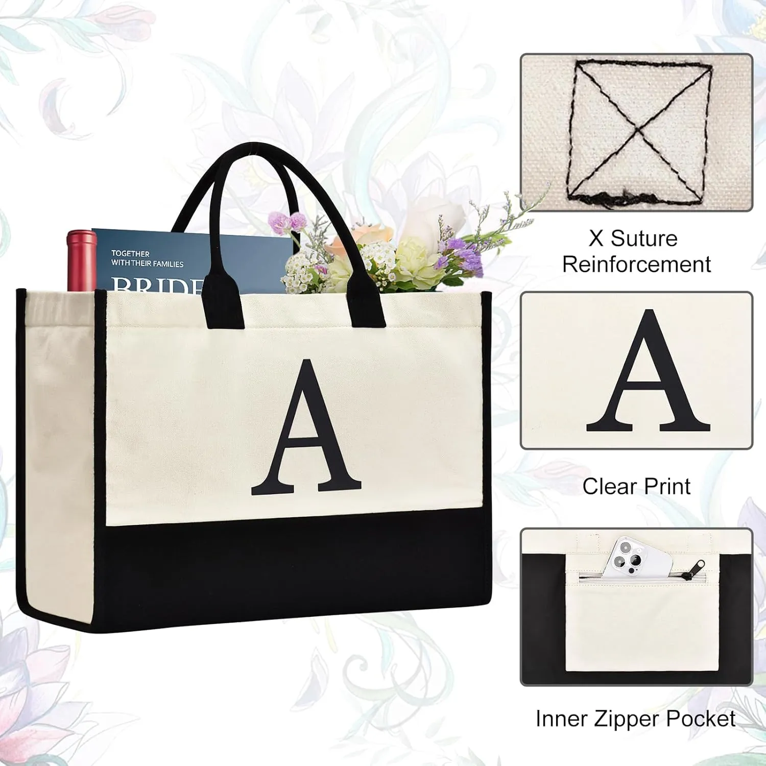 Initial Canvas Tote Bag Birthdays Gift for Women Mom Teacher Friend Bridesmaid,Custom for Wedding Beach Holidays