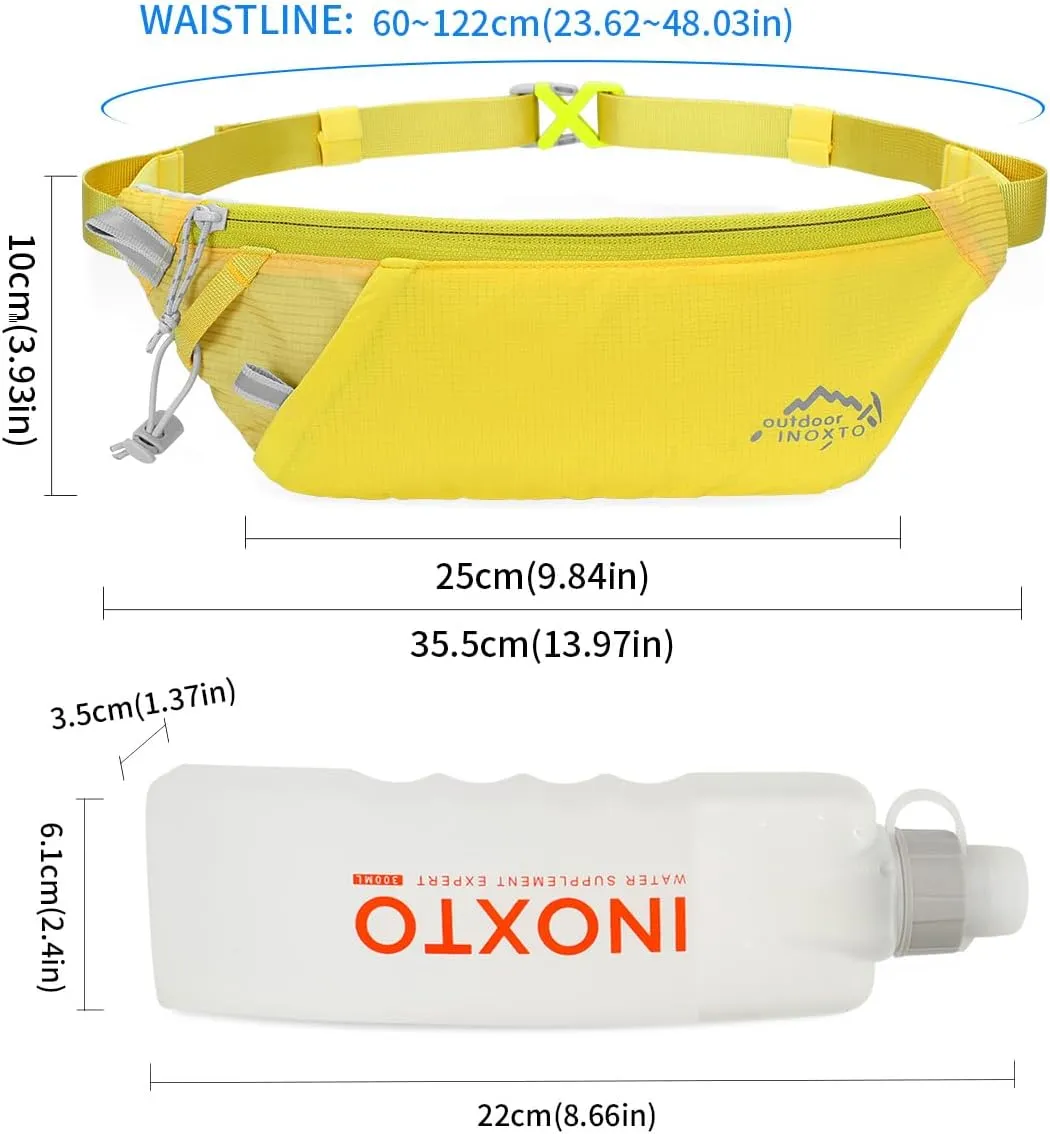 INOXTO Slim Running Belt Fanny Pack for Women and Men Sports Waist Bag Pack with 300ml Water Bottle for Running Walking Cycling Hiking Reflective Running Pouch Belt for All Phones (Yellow)